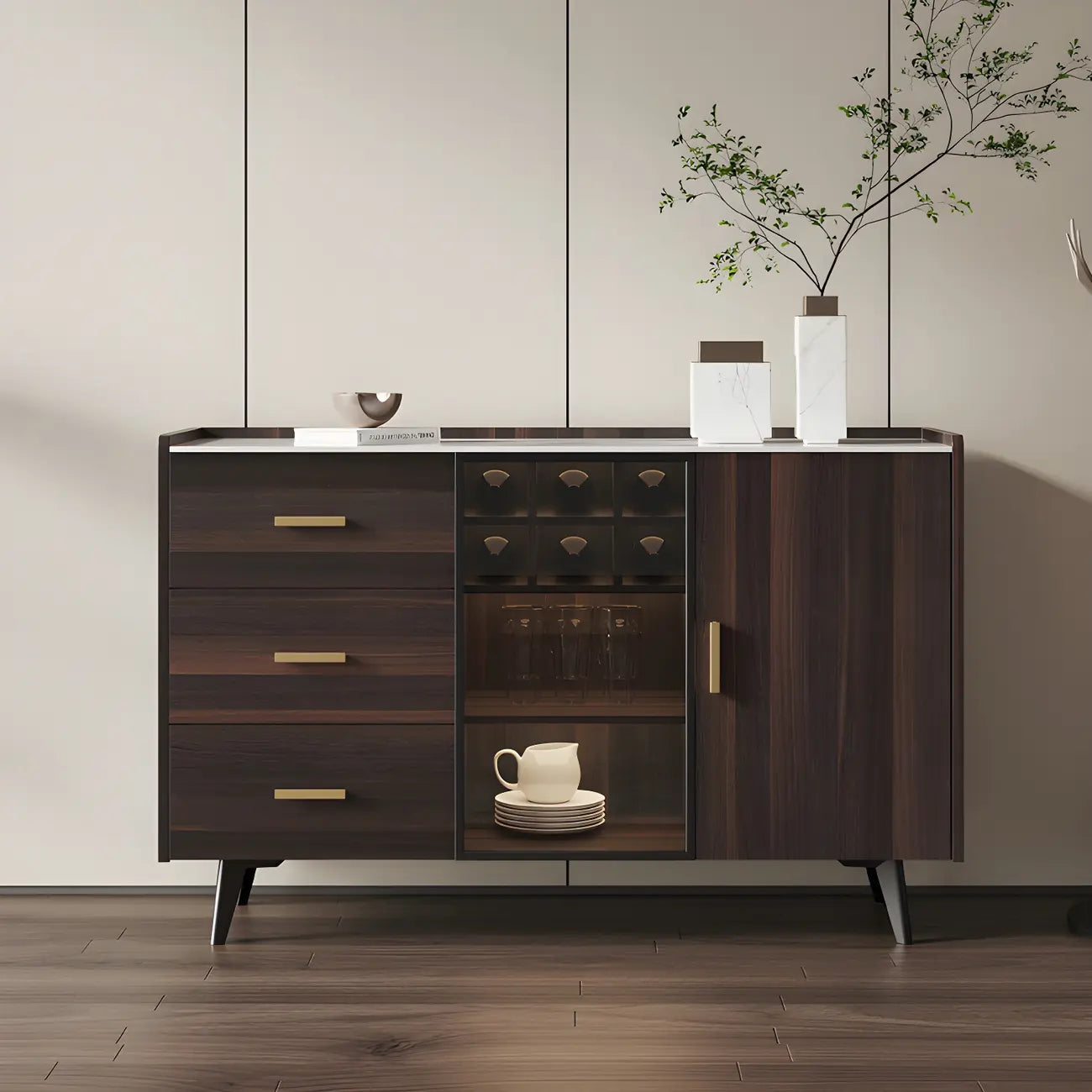 Buffet en noyer élégant avec tiroirs et placards