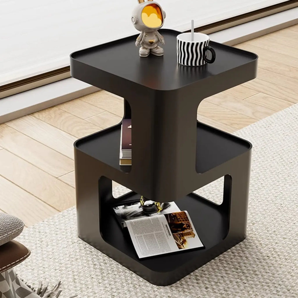 Petite table d'appoint carrée en métal noir avec étagères de rangement