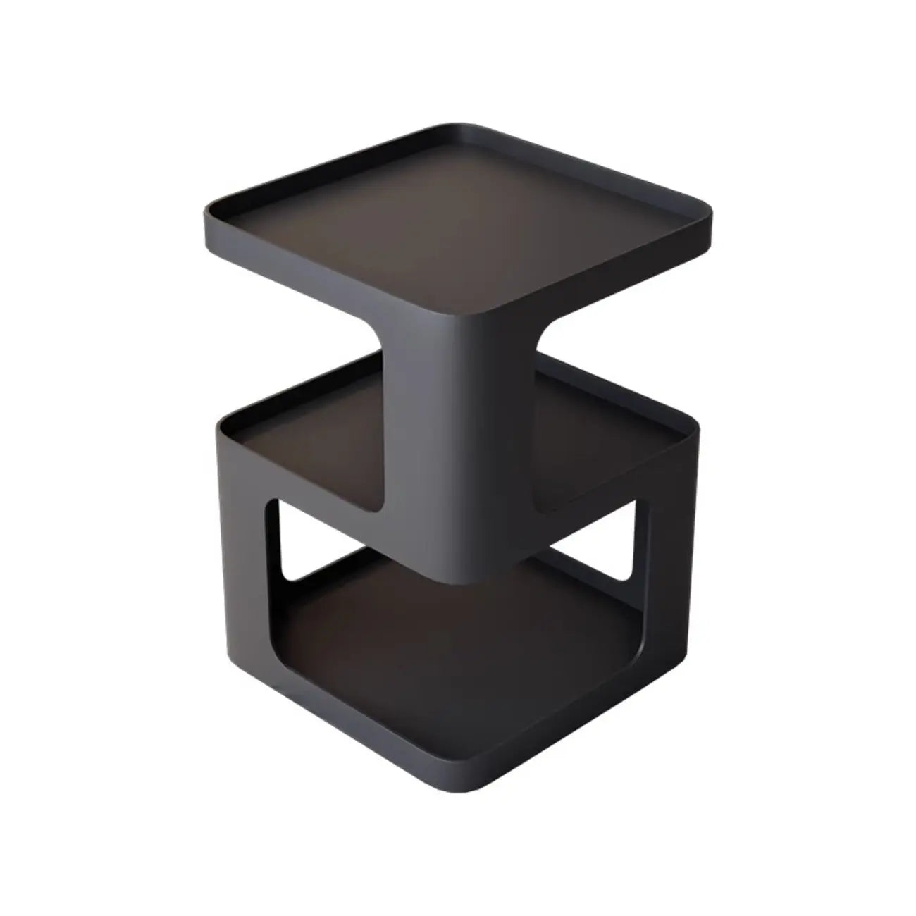 Petite table d'appoint carrée en métal noir avec étagères de rangement