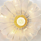 Suspension moderne en verre transparent avec motif marguerite et accessoires dorés