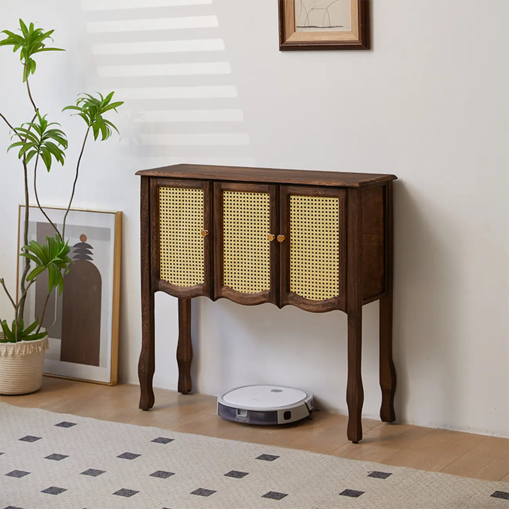 Console traditionnelle en bois brun avec tiroirs