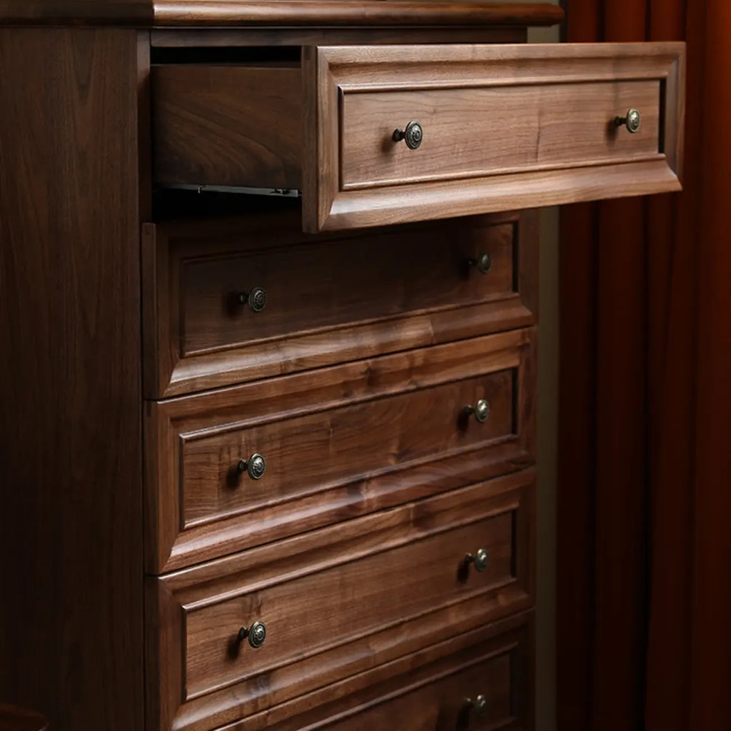 Commode contemporaine en bois brun à 5 tiroirs pour chambre à coucher