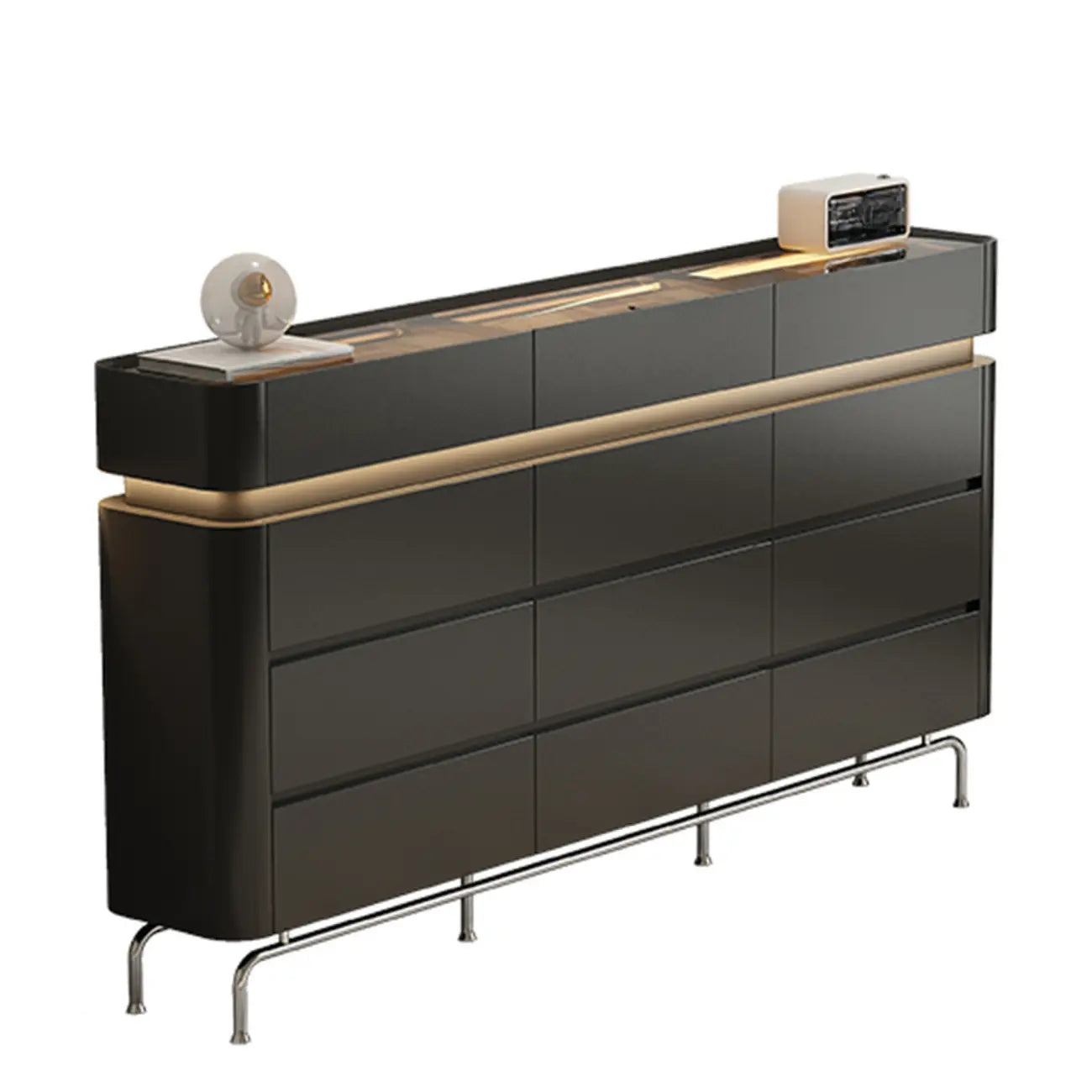 Commode double horizontale en bois couleur crème, éclairage inclus