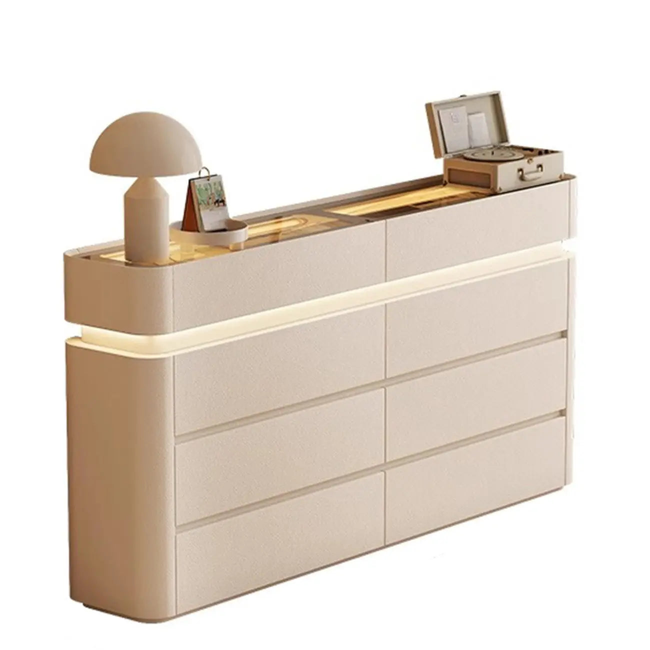 Commode double horizontale en bois couleur crème, éclairage inclus