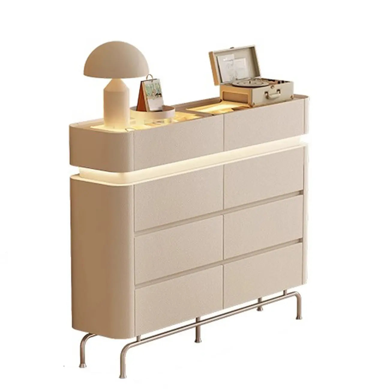 Commode double horizontale en bois couleur crème, éclairage inclus