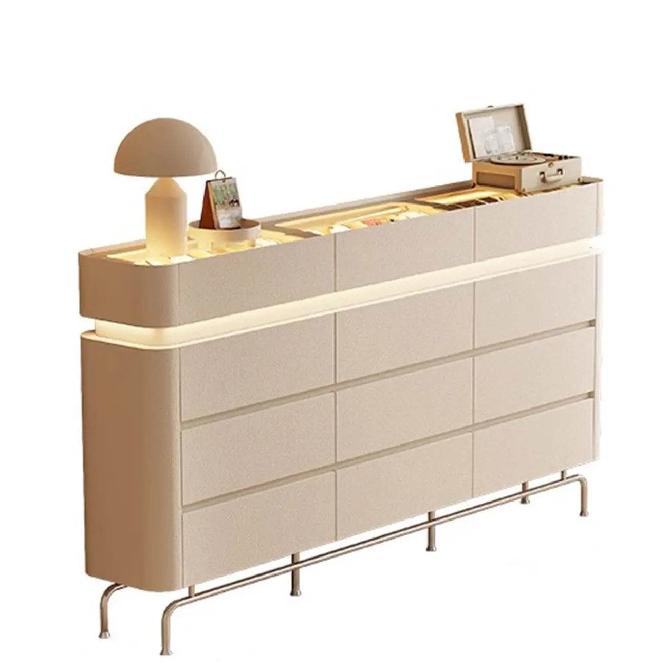 Commode double horizontale en bois couleur crème, éclairage inclus