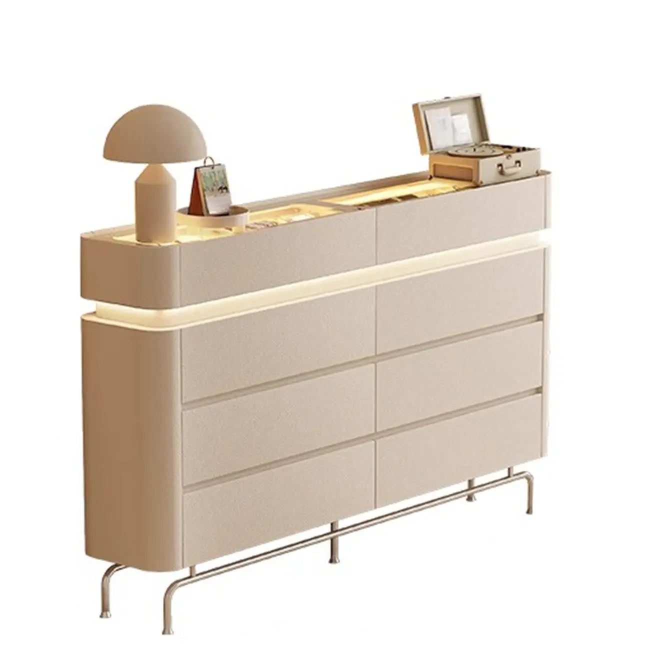 Commode double horizontale en bois couleur crème, éclairage inclus