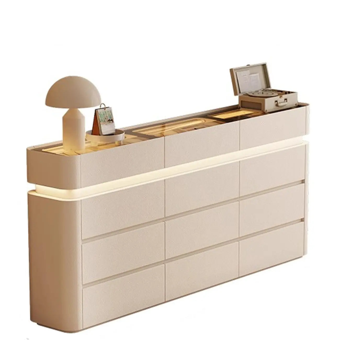 Commode double horizontale en bois couleur crème, éclairage inclus