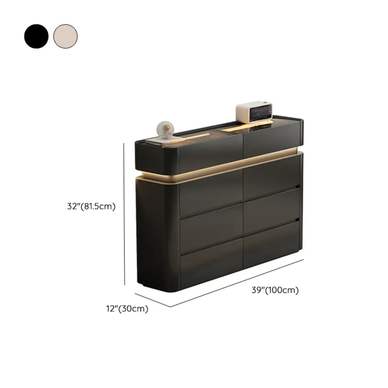 Commode double horizontale en bois couleur crème, éclairage inclus