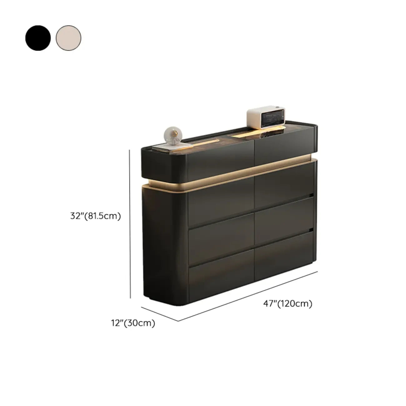 Commode double horizontale en bois couleur crème, éclairage inclus