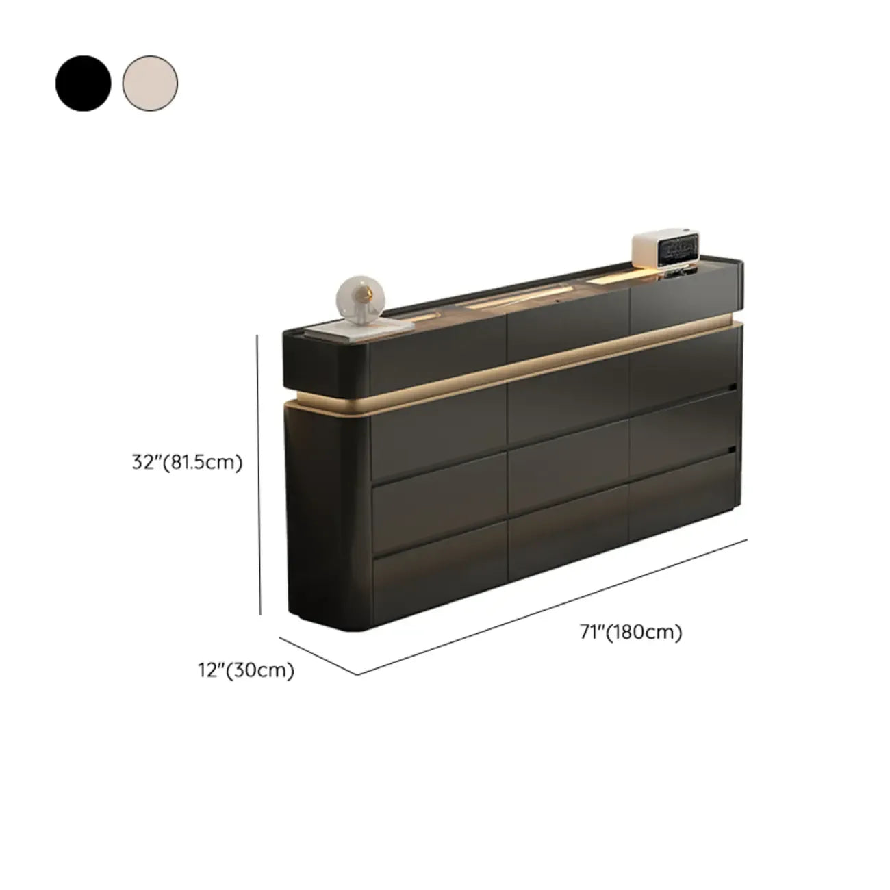 Commode double horizontale en bois couleur crème, éclairage inclus