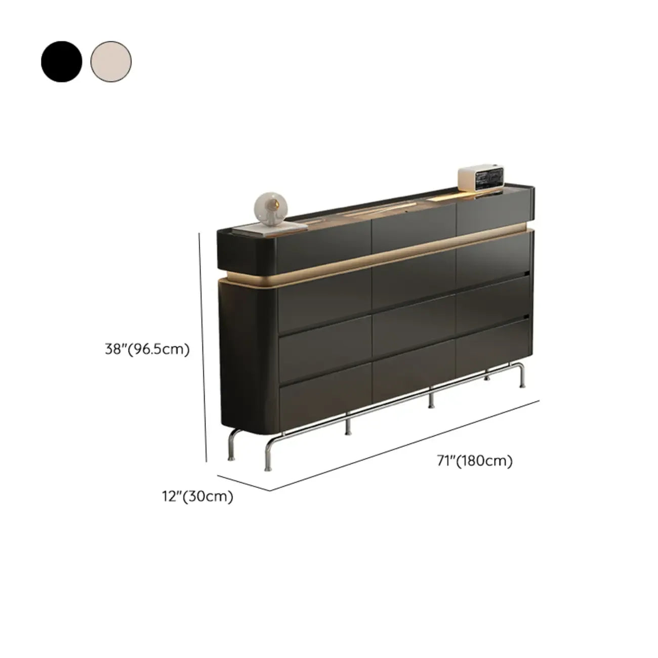 Commode double horizontale en bois couleur crème, éclairage inclus
