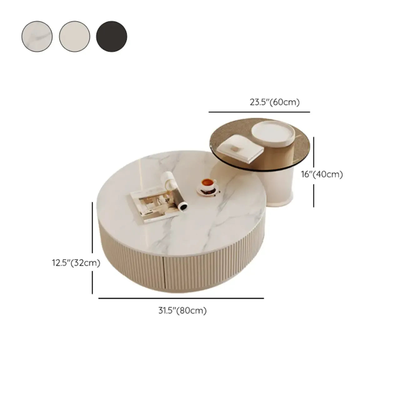 Table basse gigogne ronde moderne en bois avec 2 tiroirs