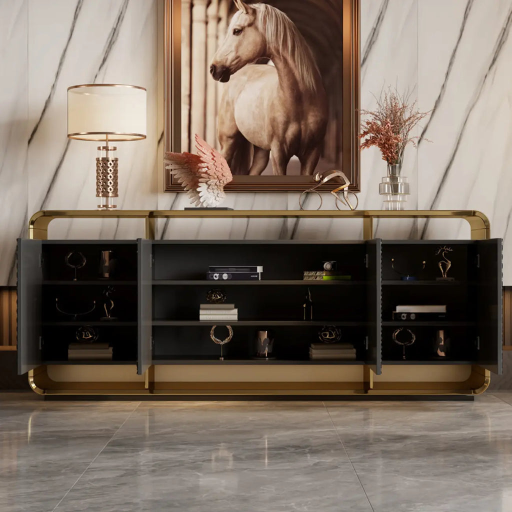 Buffet glamour en métal et bois avec étagères