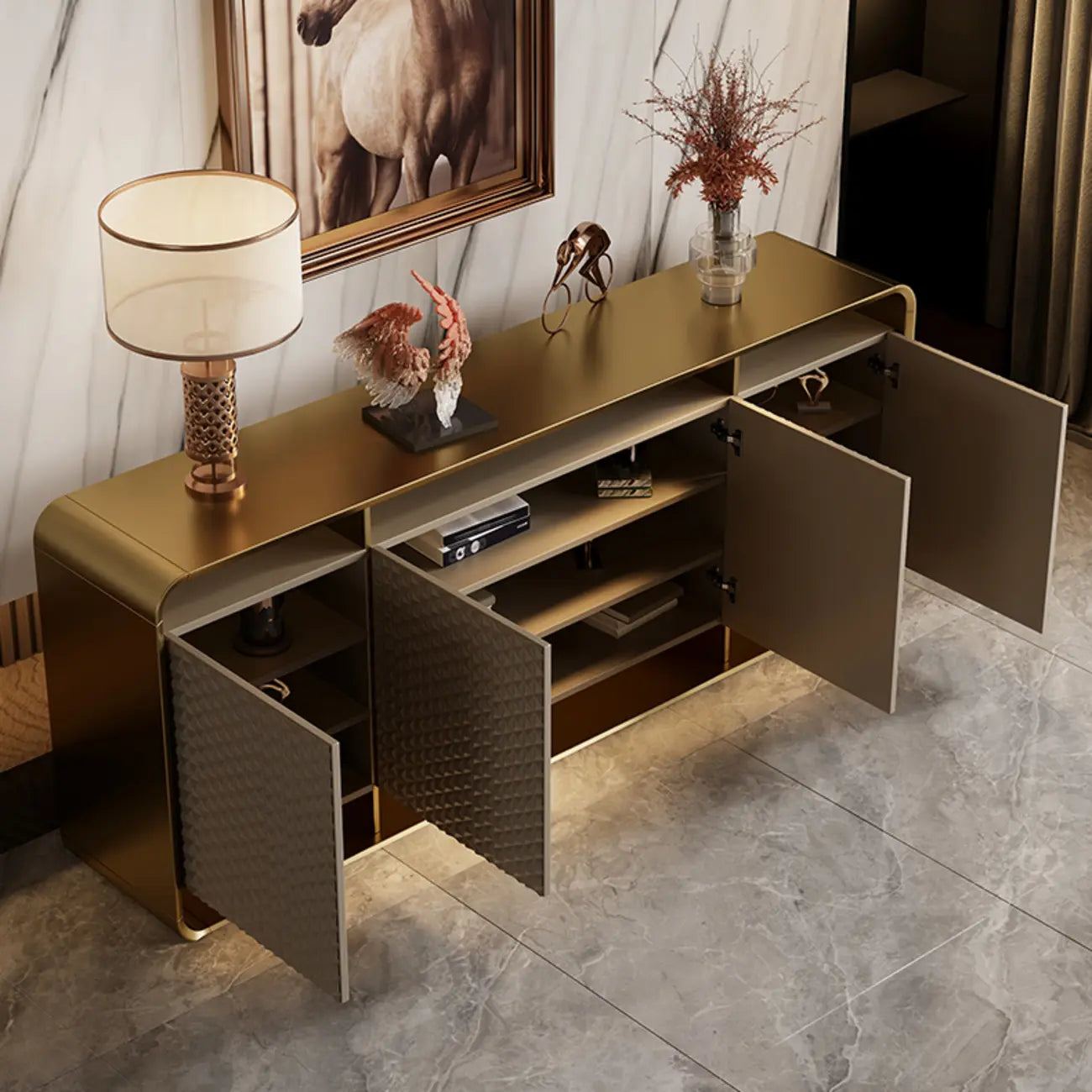 Buffet glamour en métal et bois avec étagères