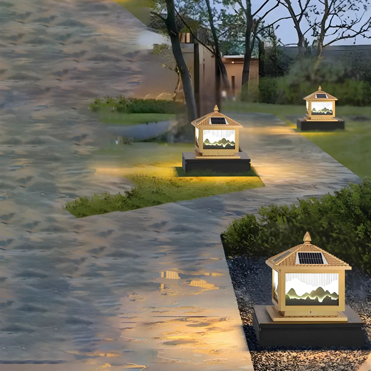 Lampadaires solaires d'extérieur traditionnels en laiton en forme de maison