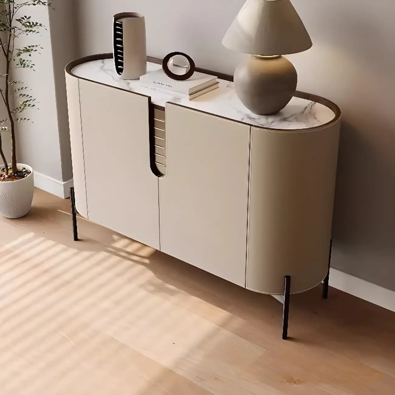Meuble d'appoint moderne en pierre beige avec 4 pieds droits