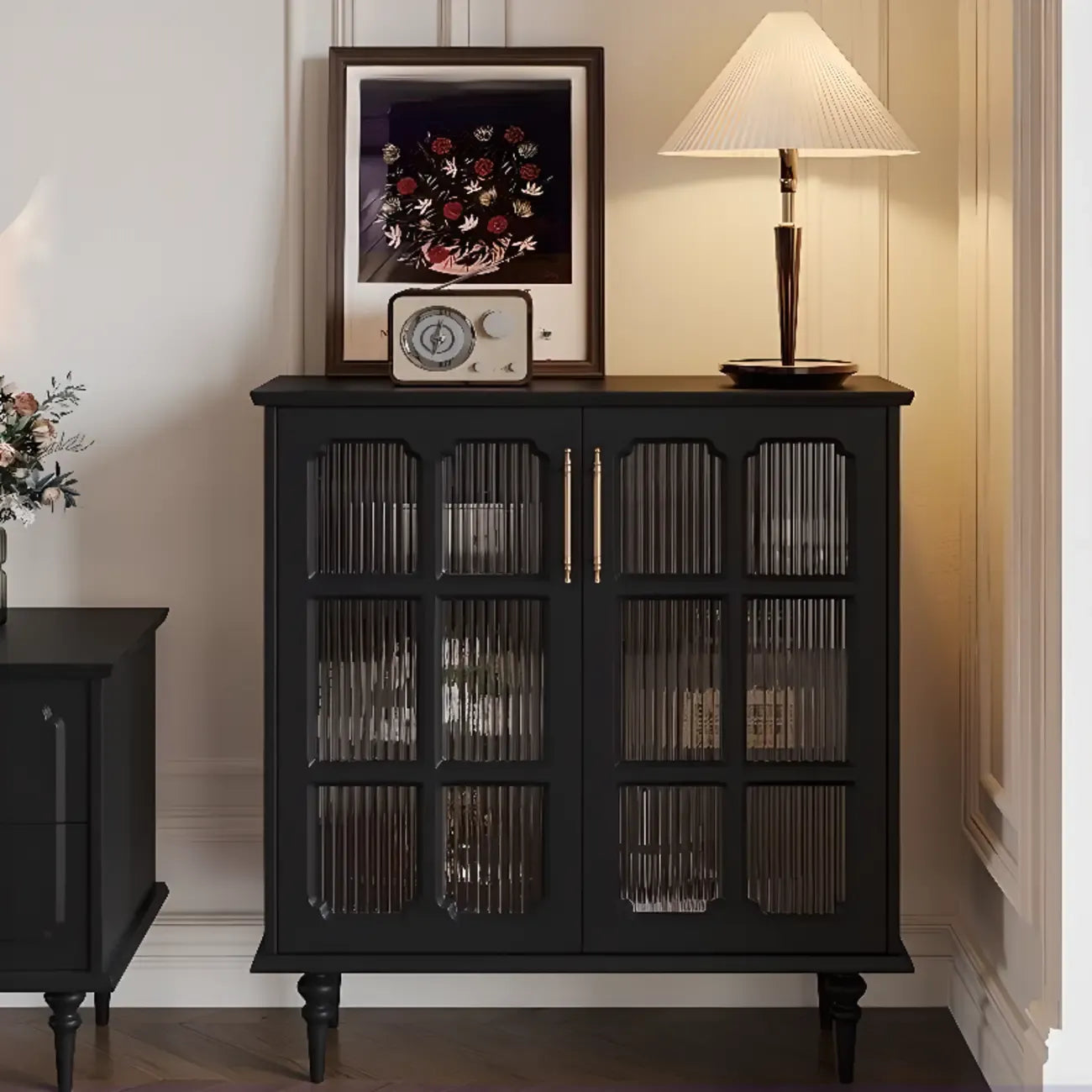 Meuble d'appoint noir moderne pour salon avec porte vitrée
