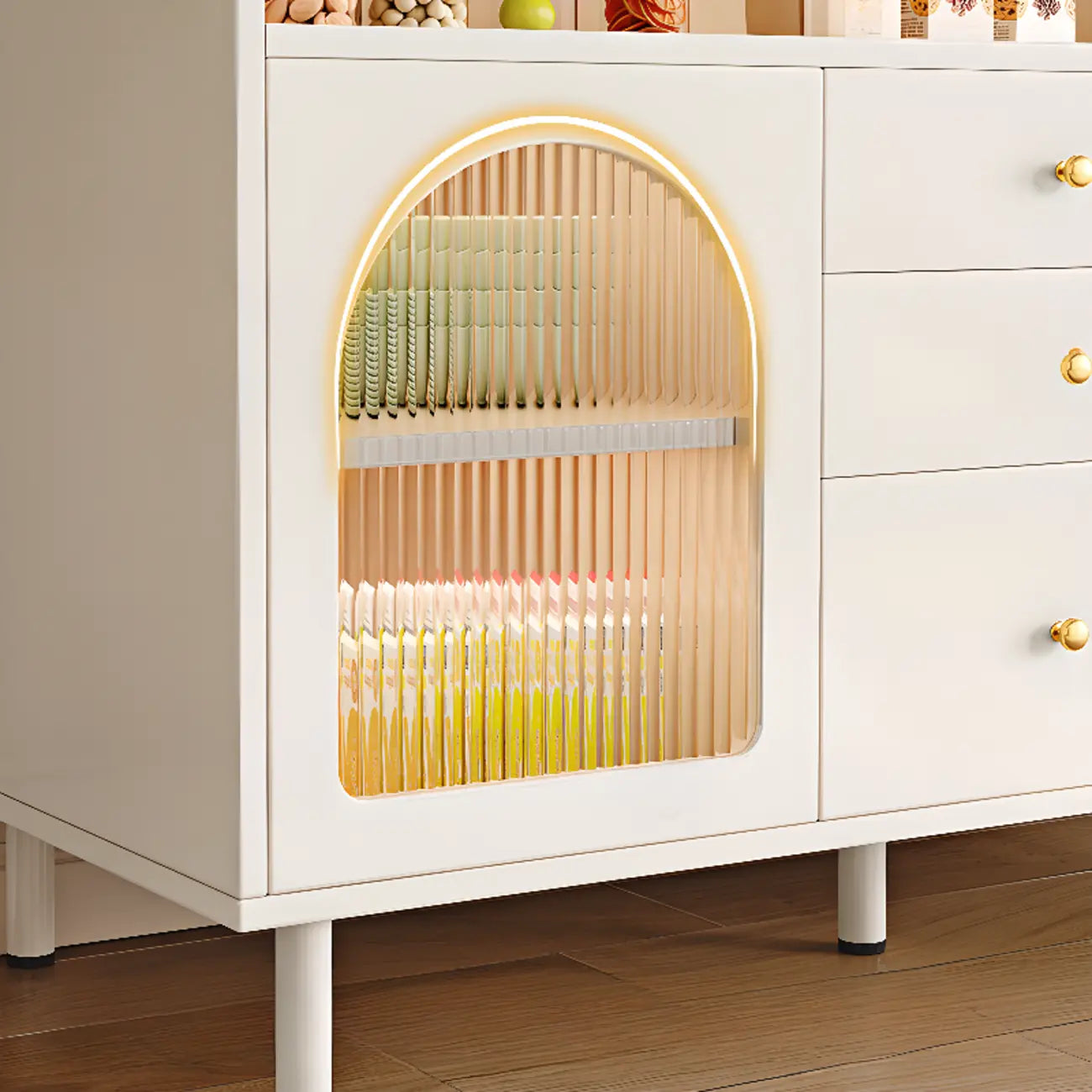 Meuble d'appoint blanc moderne avec tiroirs et portes vitrées