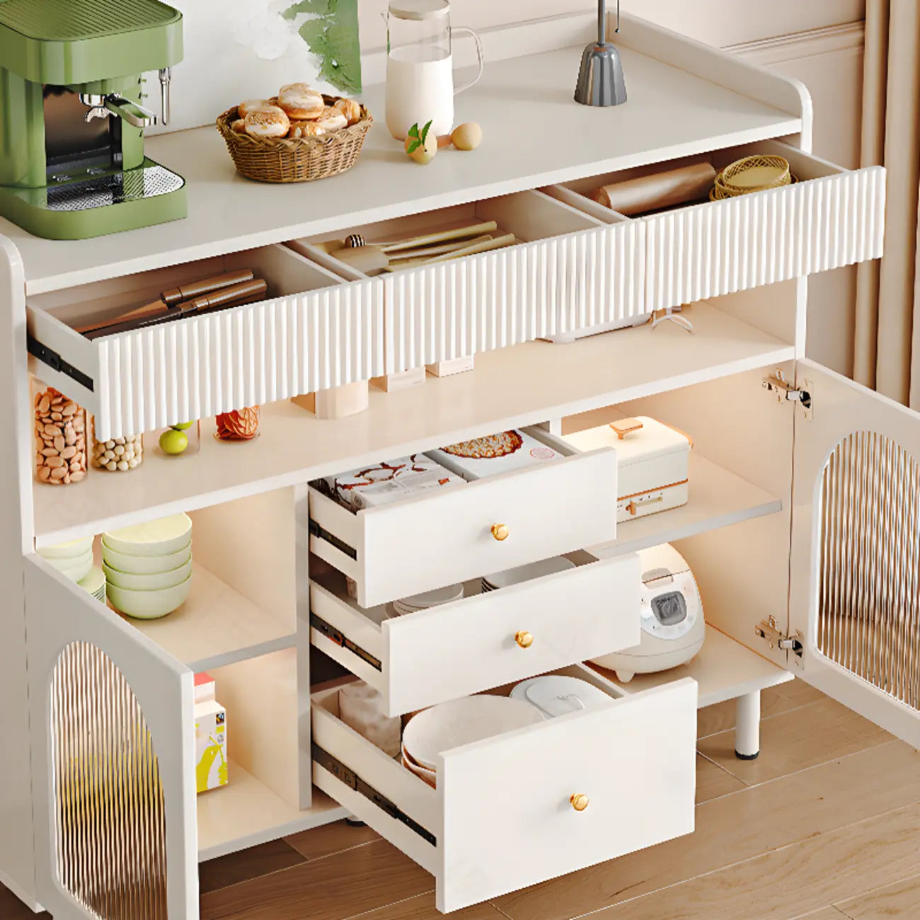 Meuble d'appoint blanc moderne avec tiroirs et portes vitrées