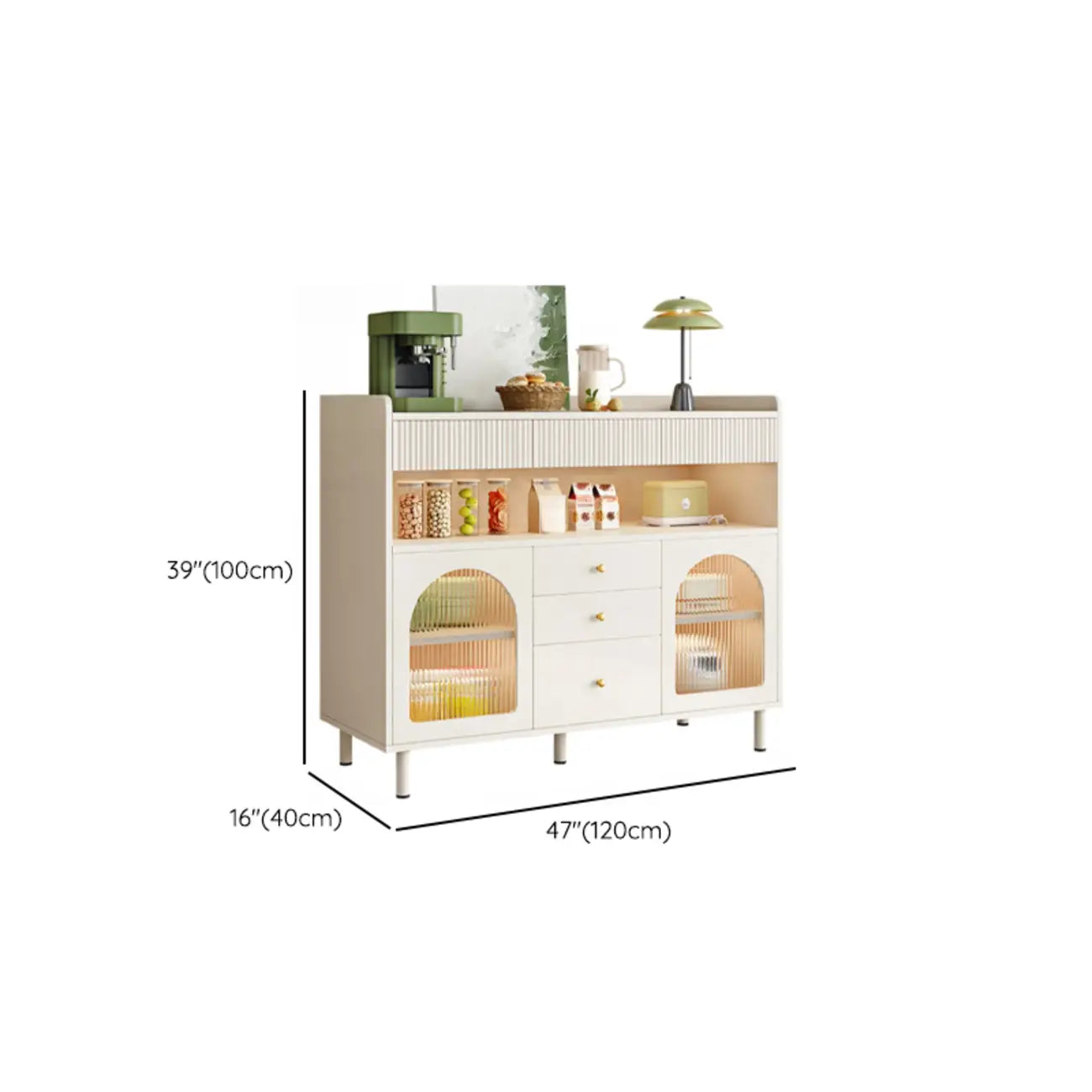 Meuble d'appoint blanc moderne avec tiroirs et portes vitrées
