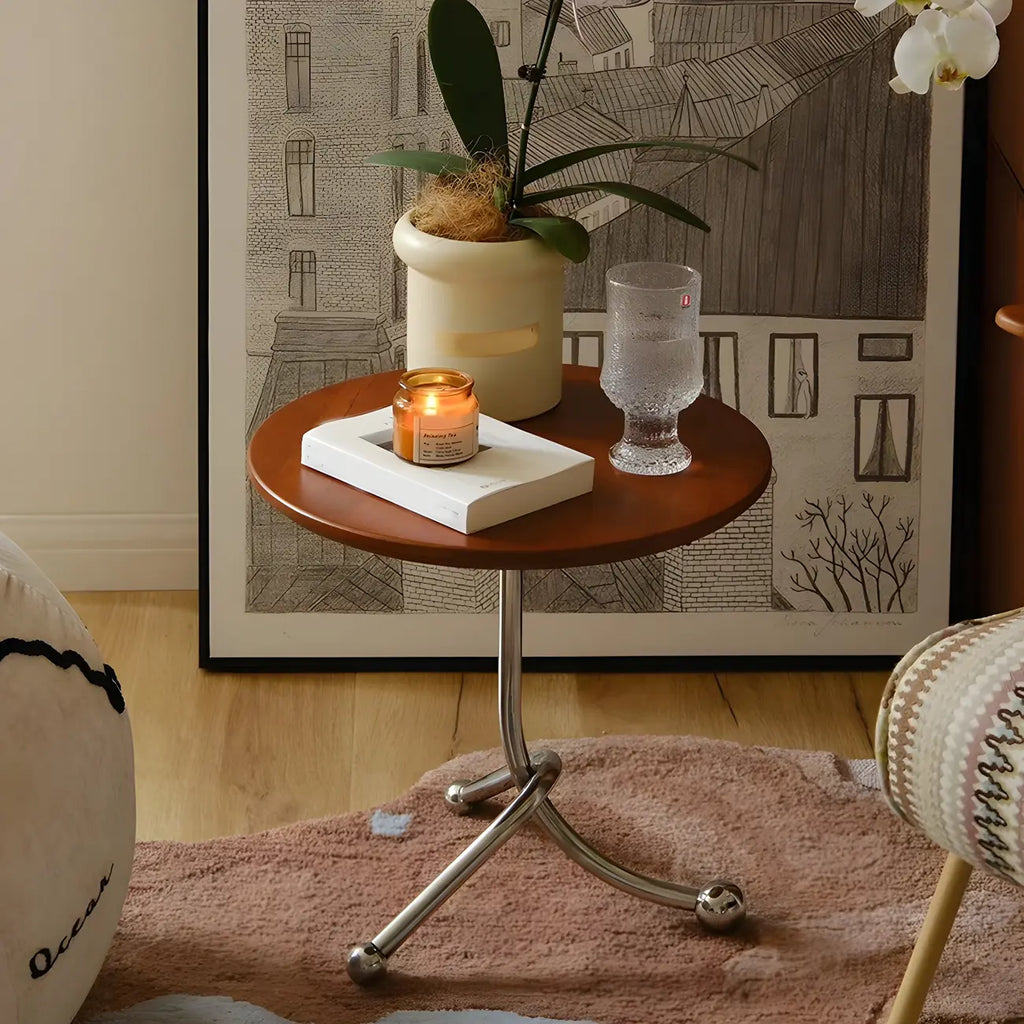 Table d'appoint ronde en bois pour salon avec 3 pieds en métal