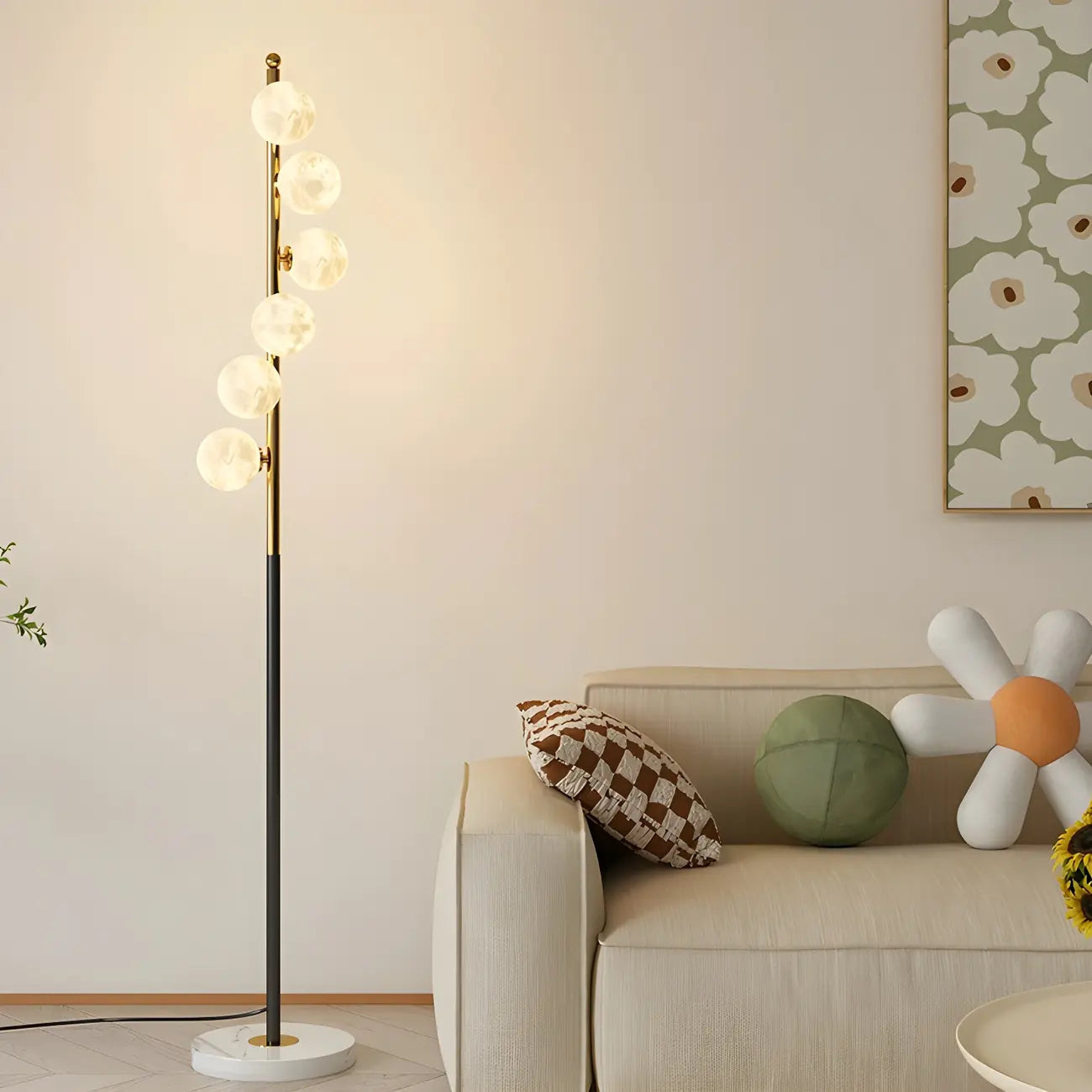 Lampadaire minimaliste à 6 lumières avec abat-jour en verre globe ajustable