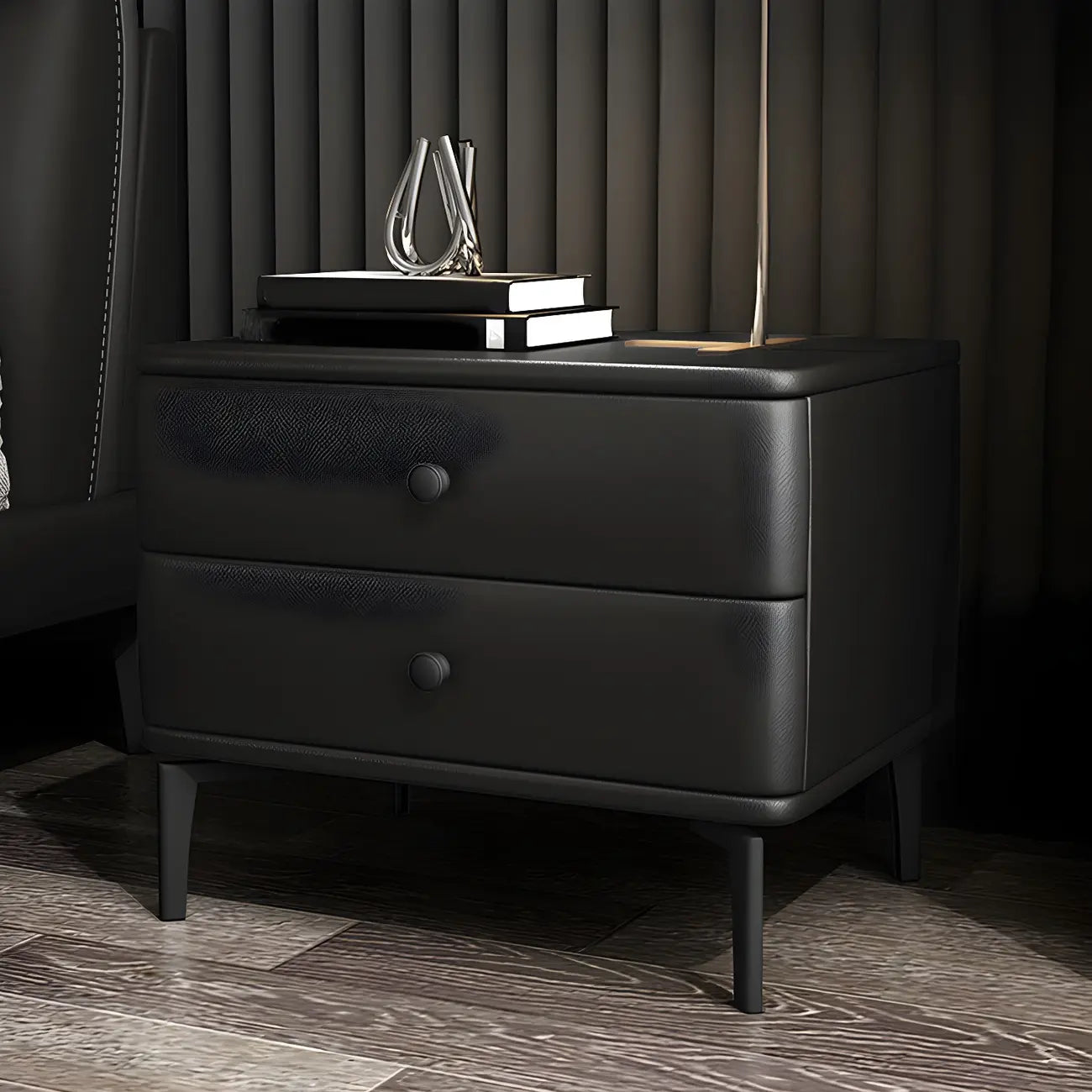 Table de chevet moderne en cuir noir avec tiroirs