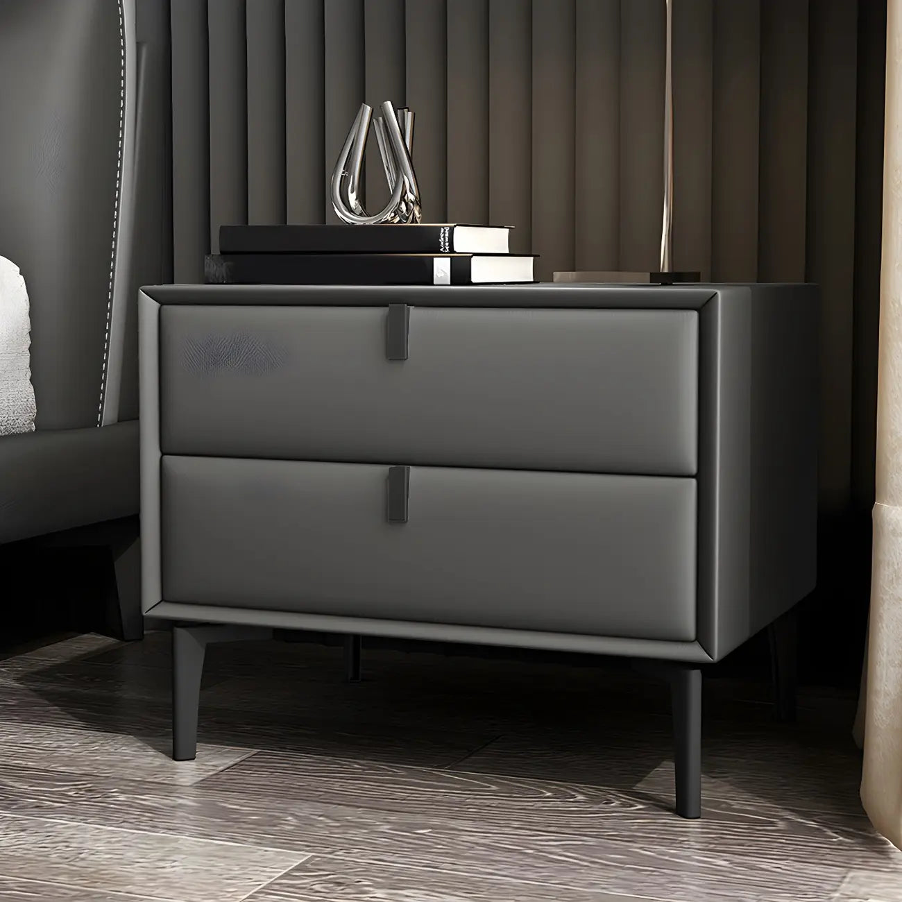Table de chevet moderne en cuir noir avec tiroirs
