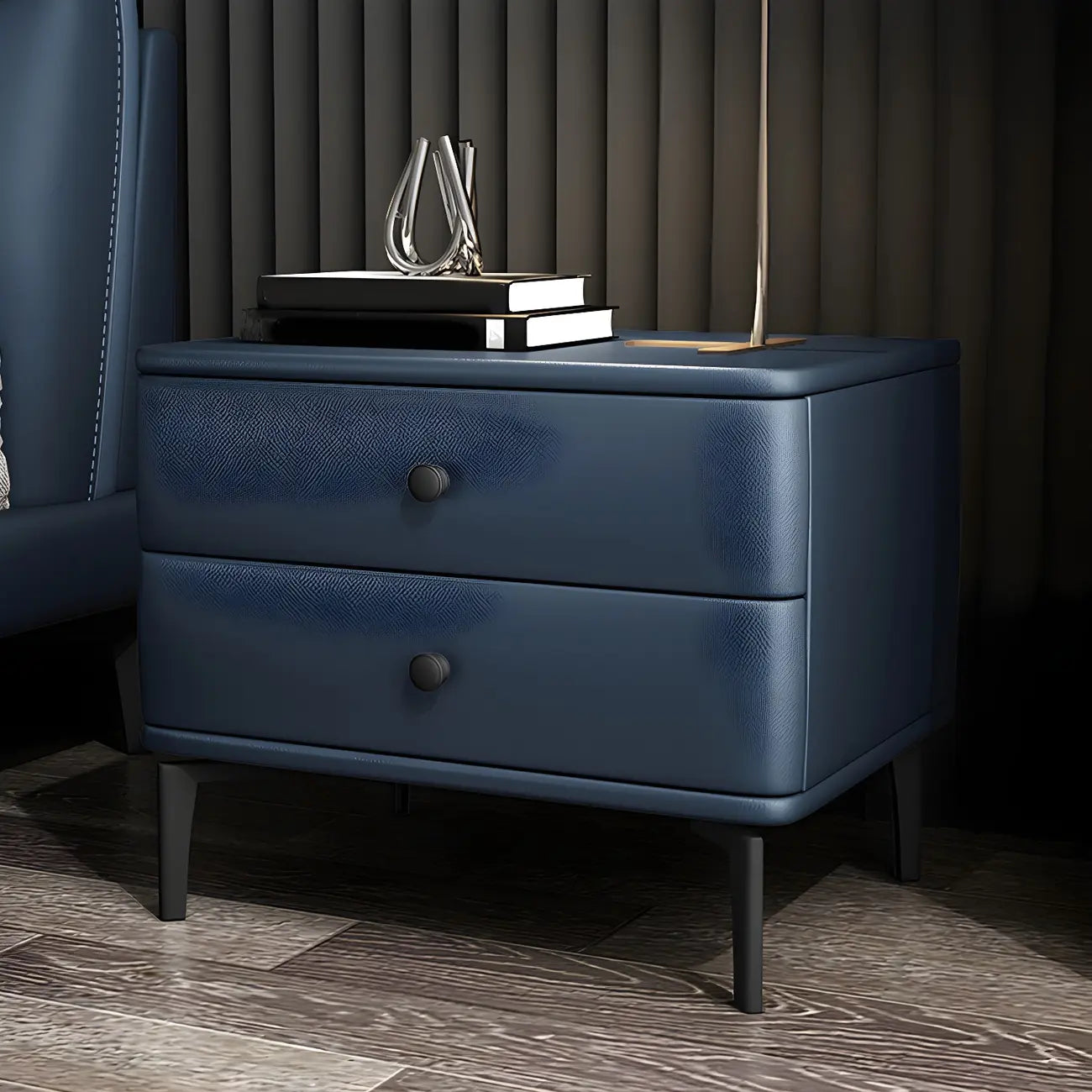 Table de chevet moderne en cuir noir avec tiroirs