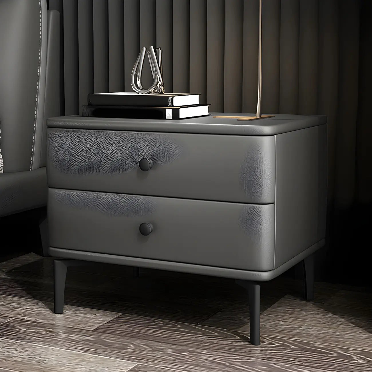 Table de chevet moderne en cuir noir avec tiroirs