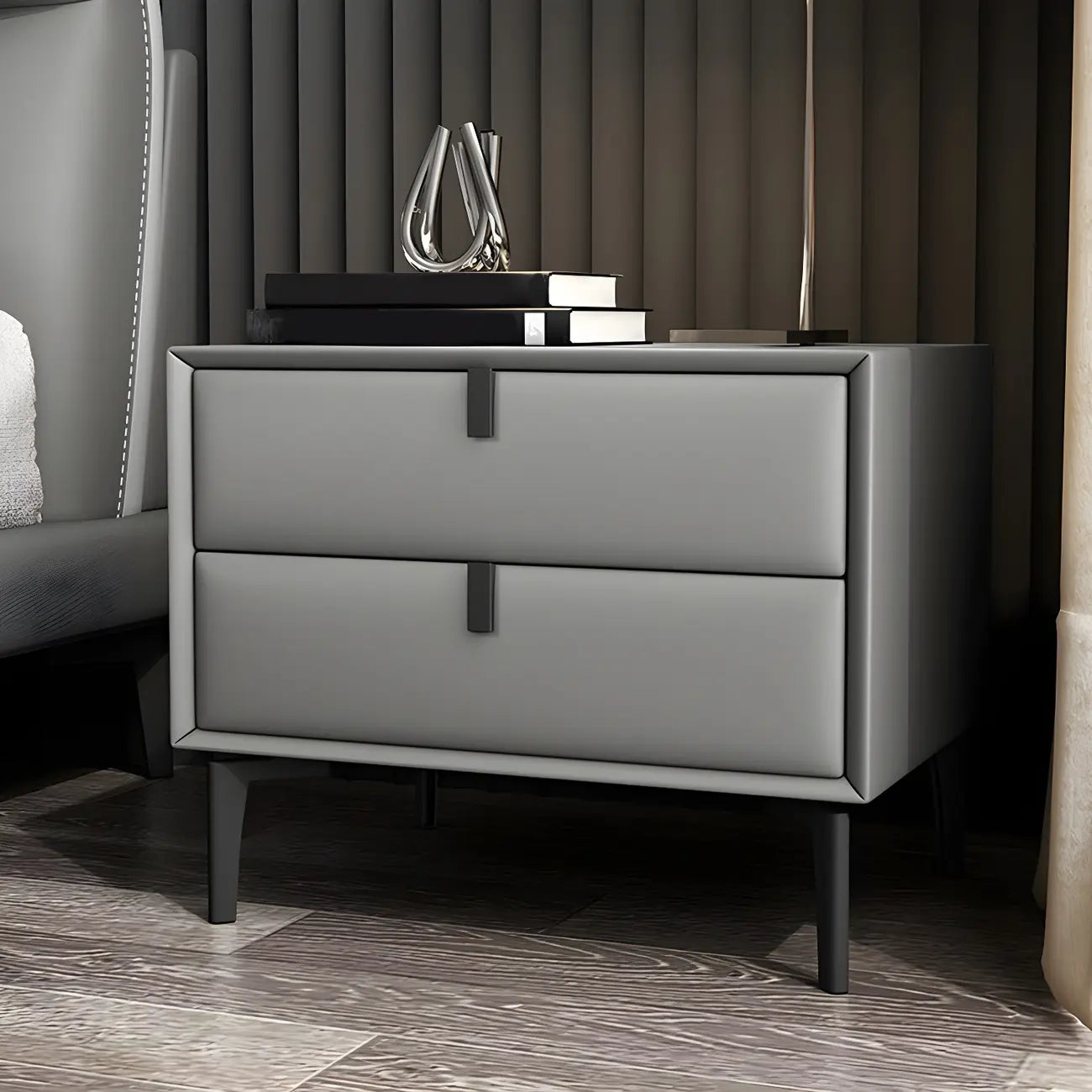 Table de chevet moderne en cuir noir avec tiroirs