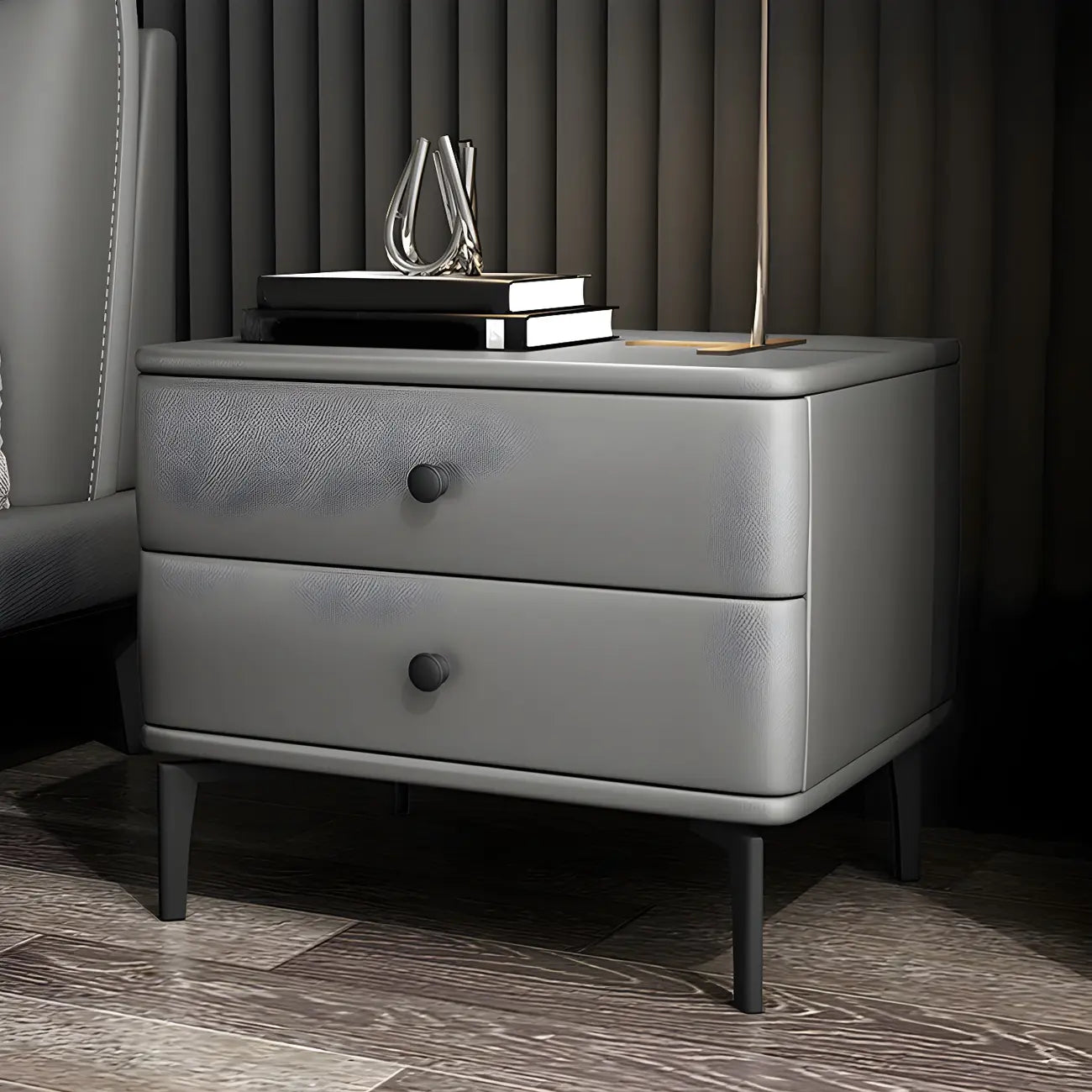 Table de chevet moderne en cuir noir avec tiroirs