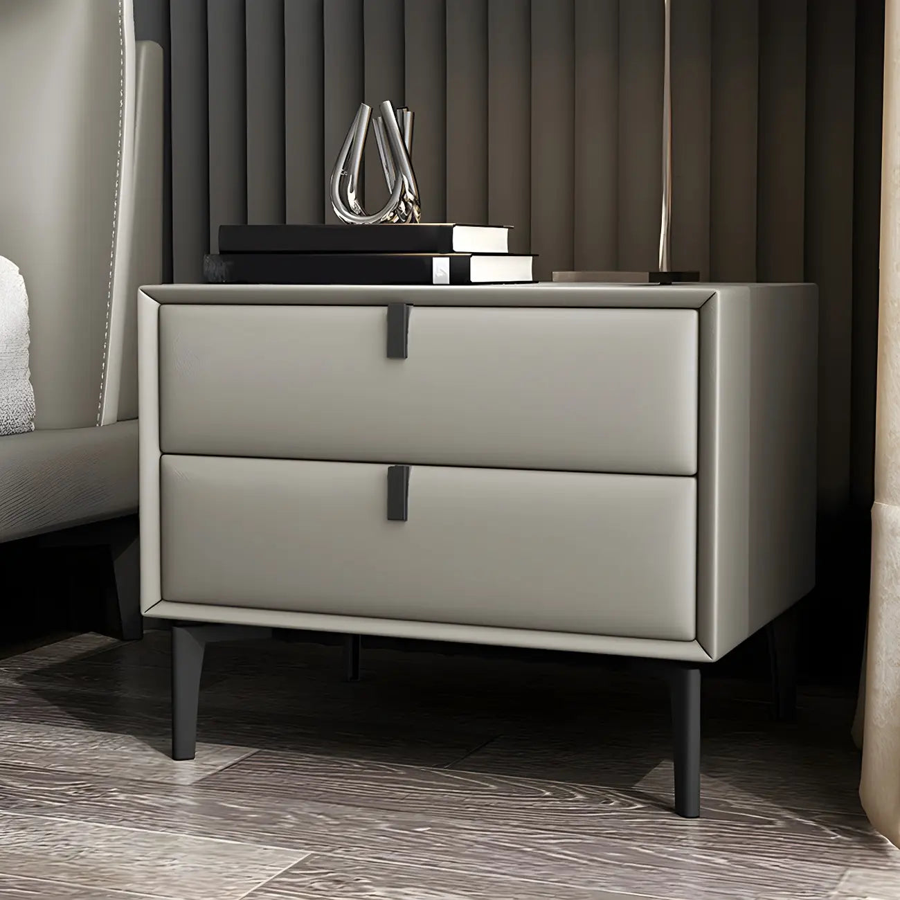 Table de chevet moderne en cuir noir avec tiroirs