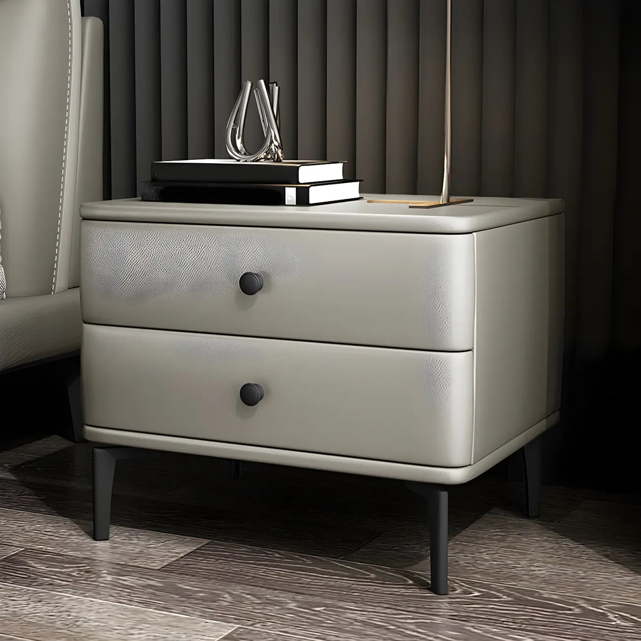 Table de chevet moderne en cuir noir avec tiroirs
