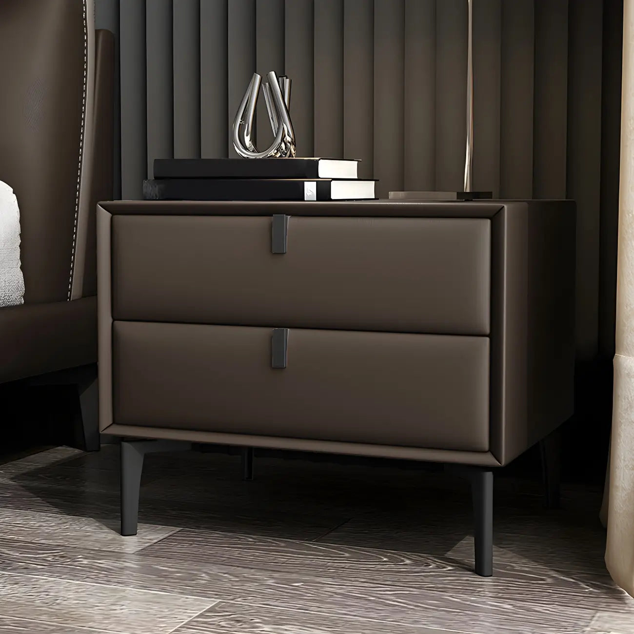 Table de chevet moderne en cuir noir avec tiroirs