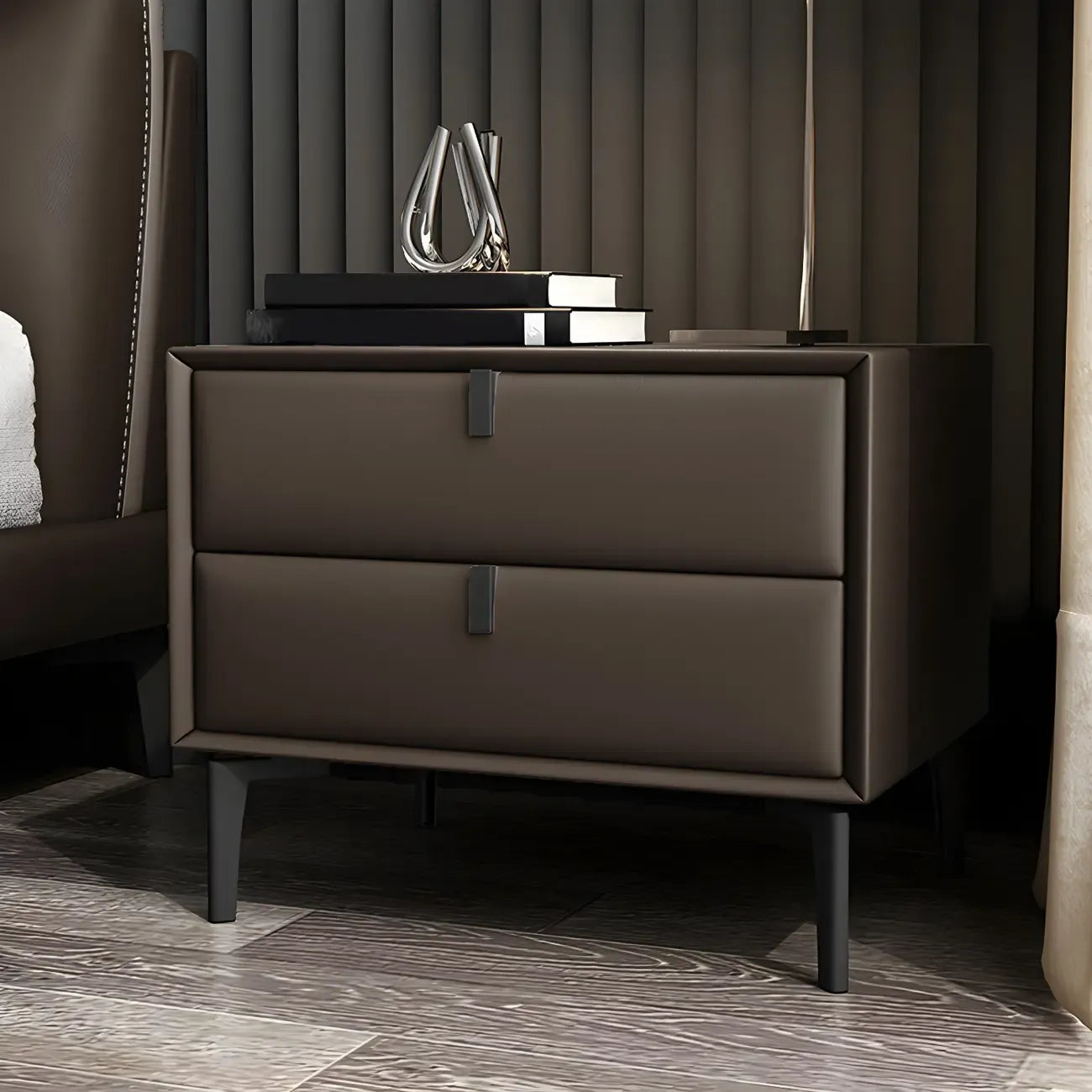 Table de chevet moderne en cuir noir avec tiroirs
