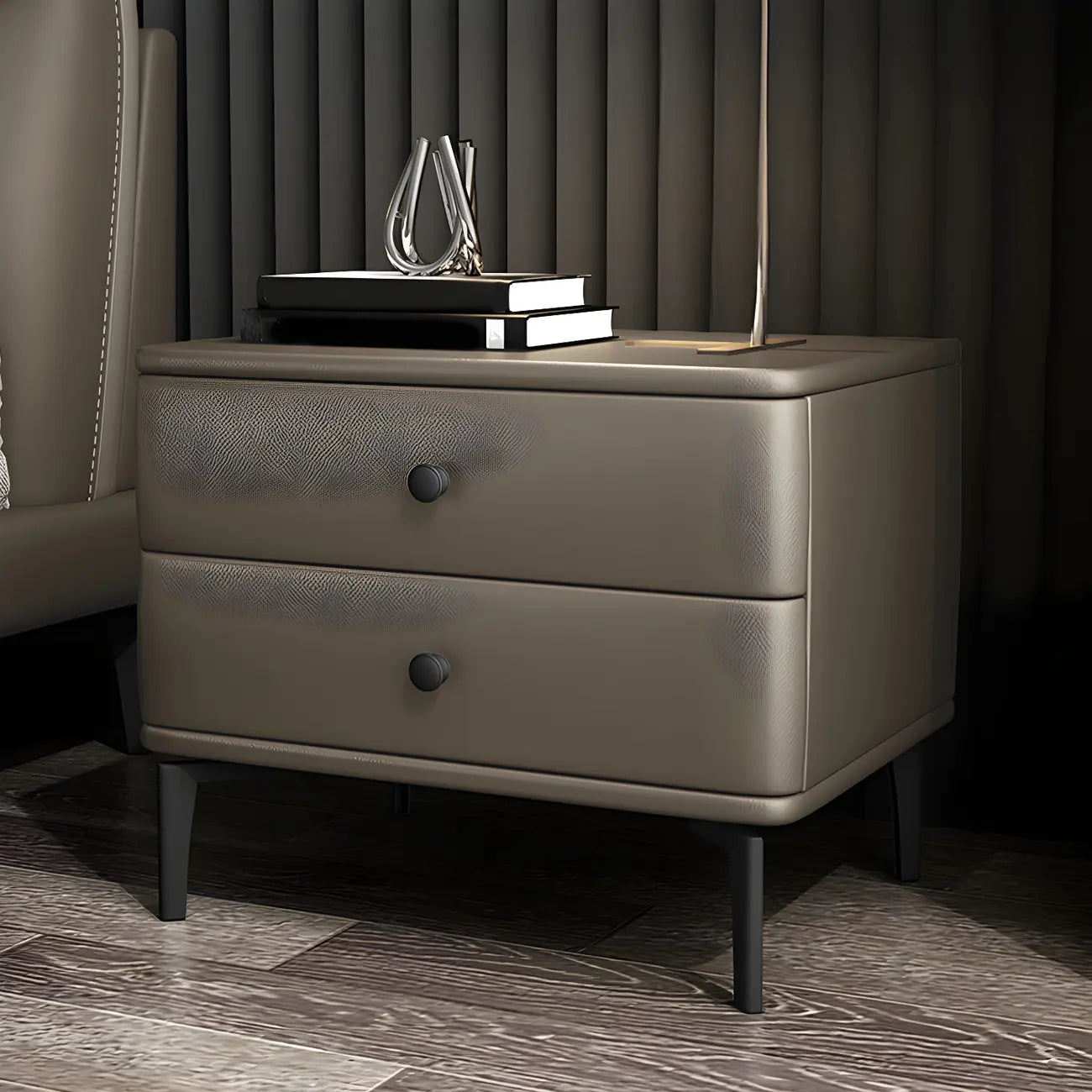 Table de chevet moderne en cuir noir avec tiroirs