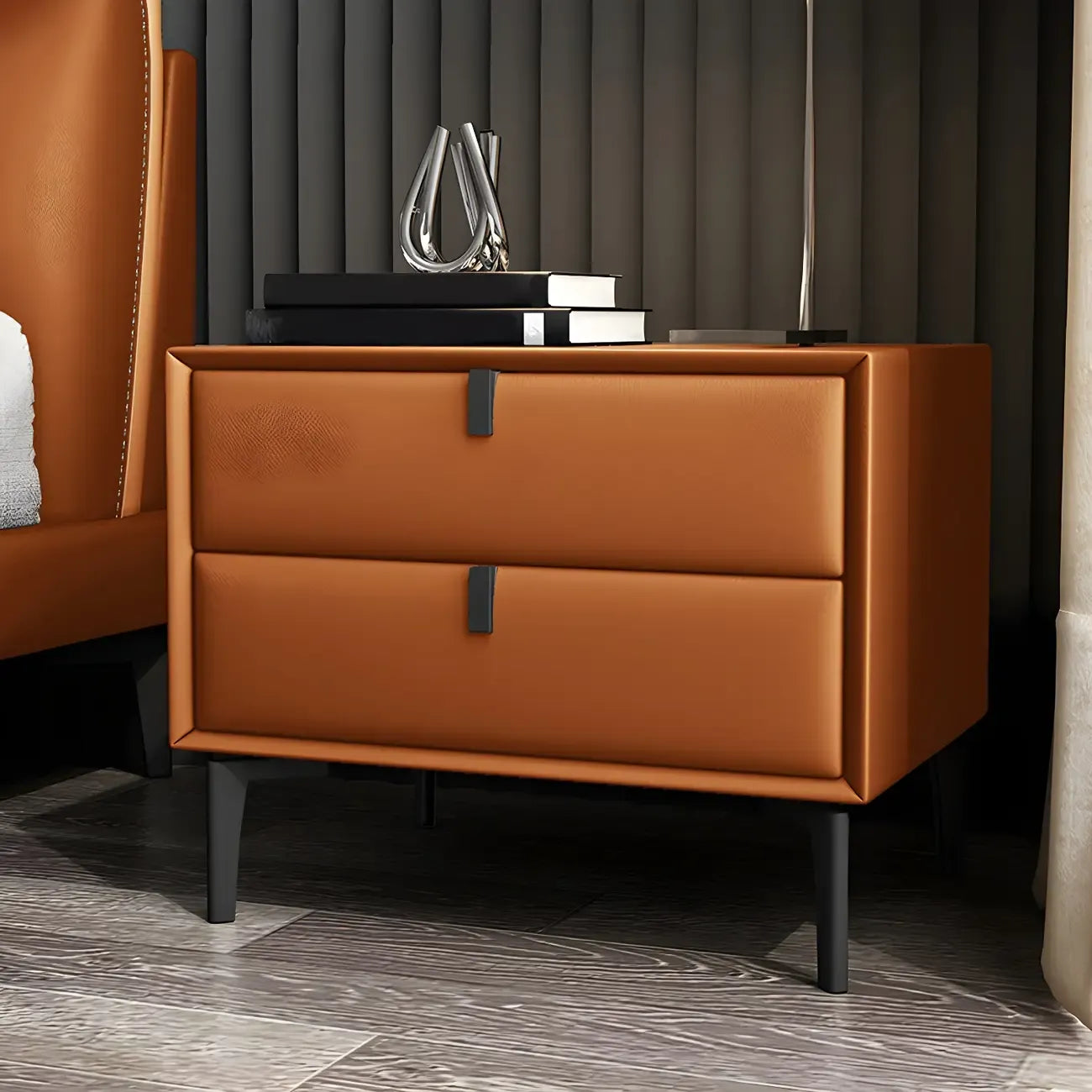 Table de chevet moderne en cuir noir avec tiroirs