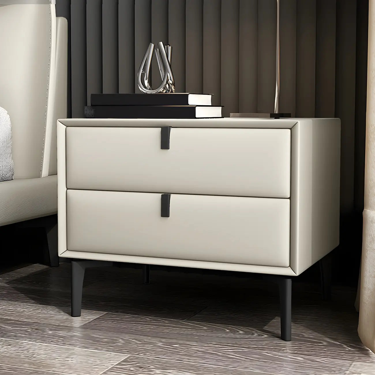 Table de chevet moderne en cuir noir avec tiroirs