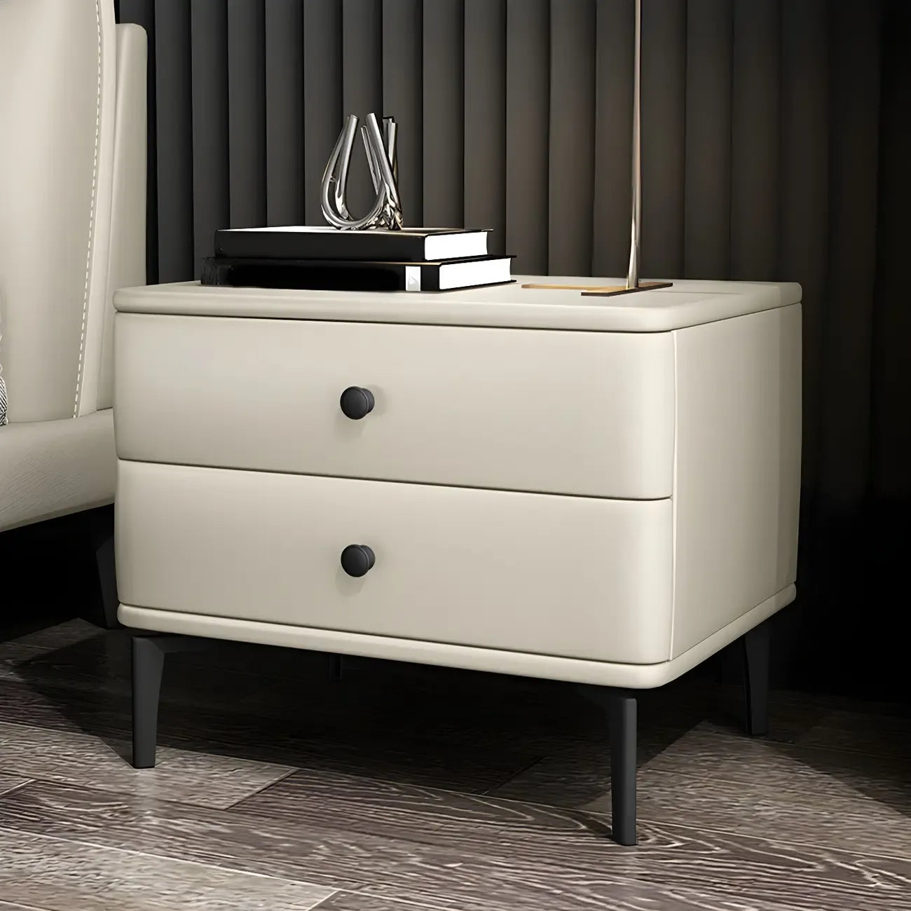 Table de chevet moderne en cuir noir avec tiroirs