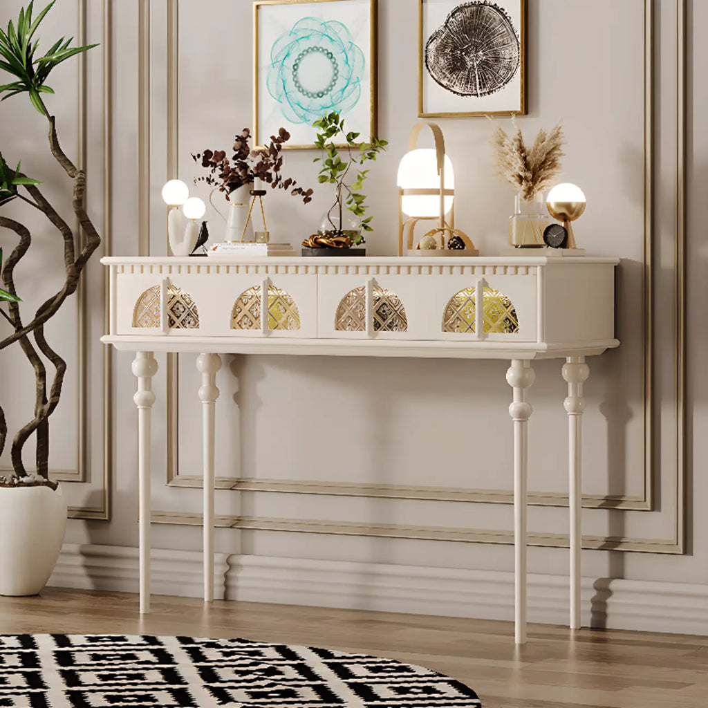 Console rectangulaire haute en bois avec tiroirs, idéale pour une entrée.