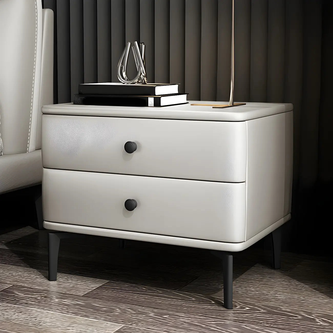 Table de chevet moderne en cuir noir avec tiroirs