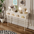 Console rectangulaire haute en bois avec tiroirs, idéale pour une entrée.