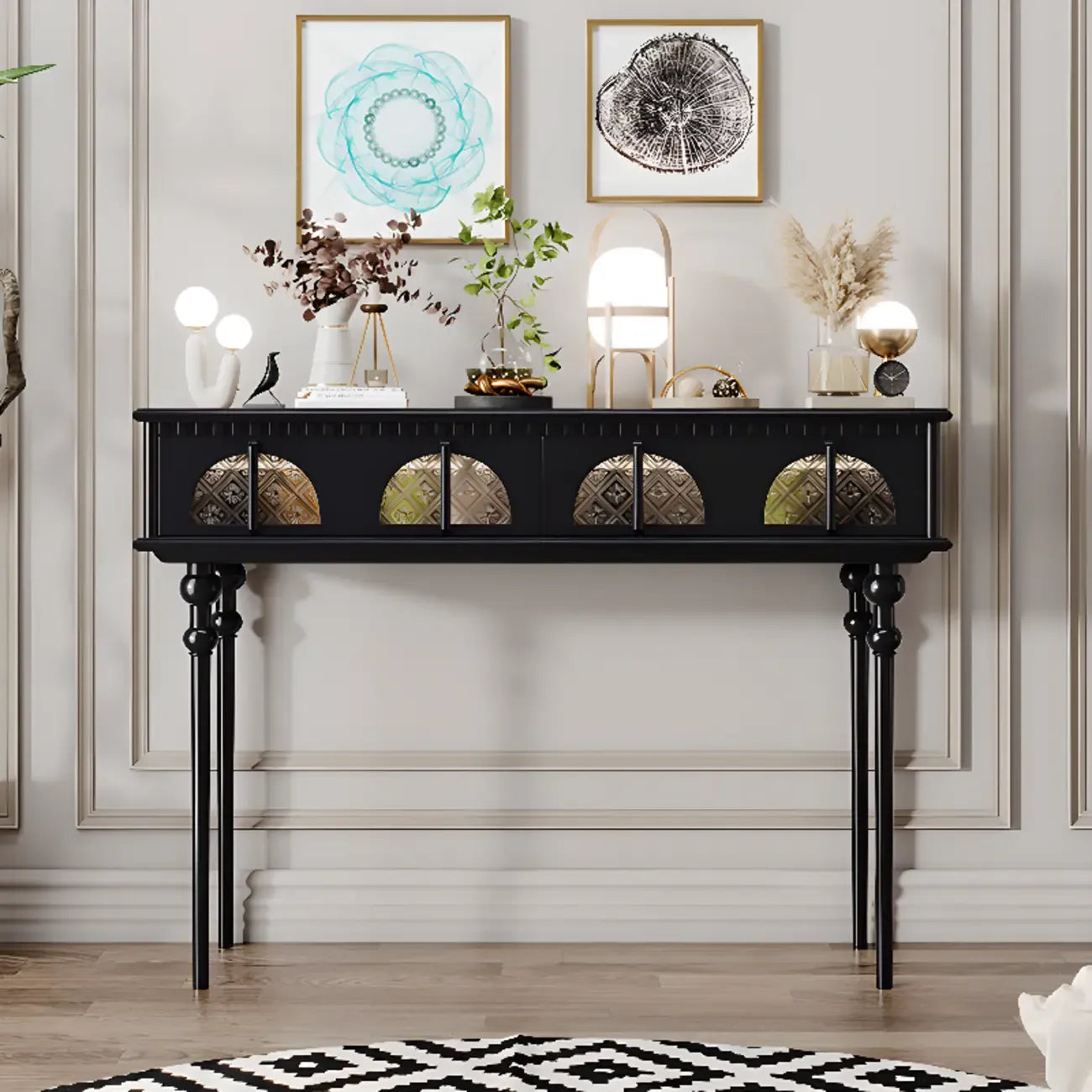 Console rectangulaire haute en bois avec tiroirs, idéale pour une entrée.