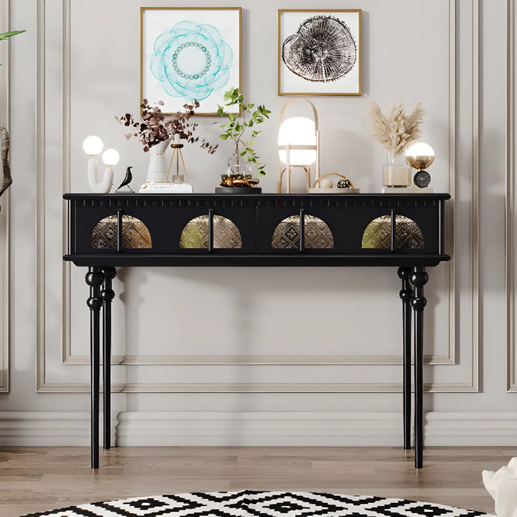 Console rectangulaire haute en bois avec tiroirs, idéale pour une entrée.