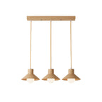 Suspension rustique moderne en bois à 3 lampes coniques pour îlot central.