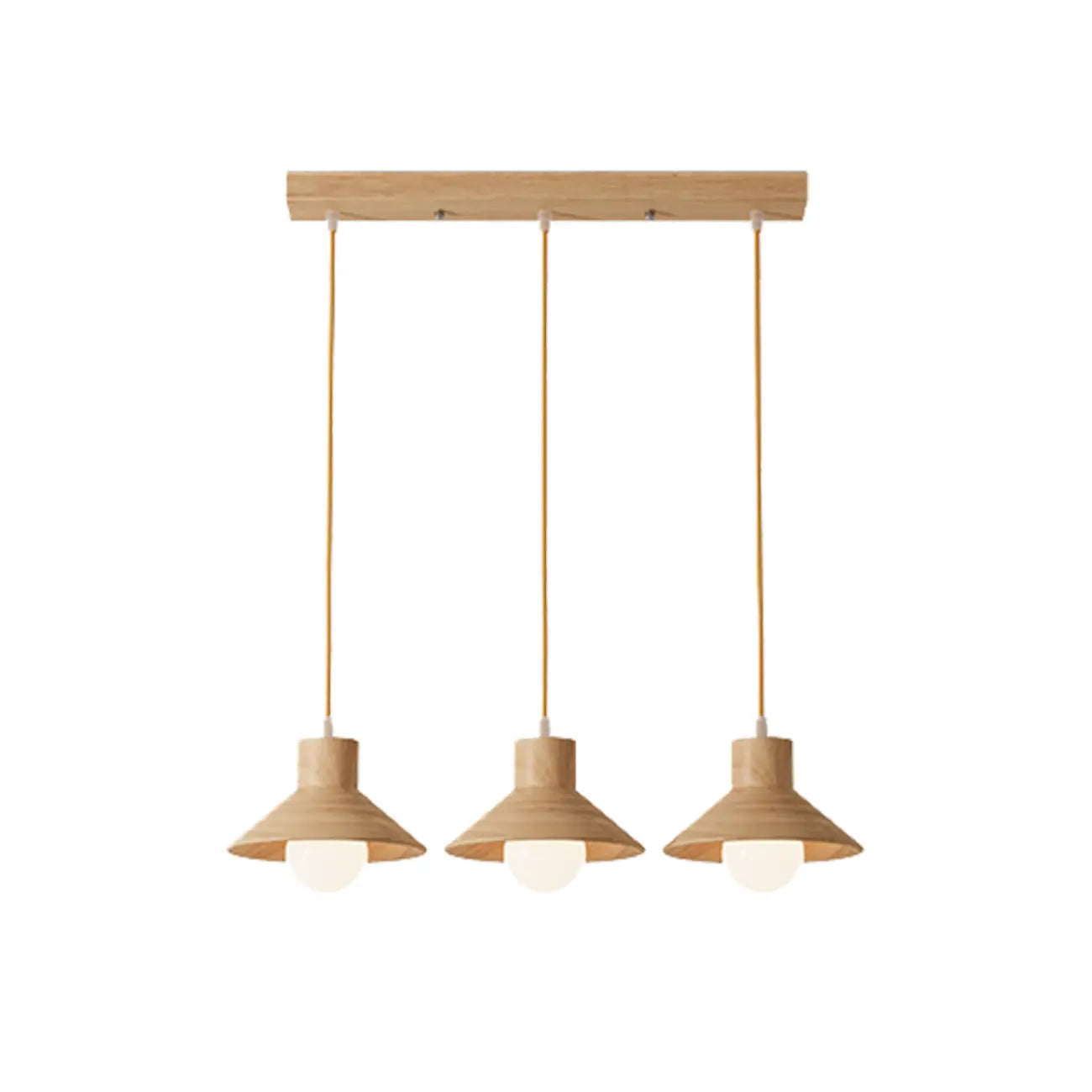Suspension rustique moderne en bois à 3 lampes coniques pour îlot central.