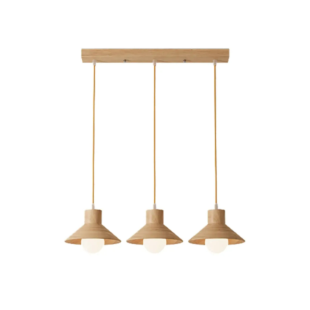 Suspension rustique moderne en bois à 3 lampes coniques pour îlot central.
