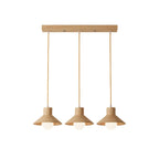 Suspension rustique moderne en bois à 3 lampes coniques pour îlot central.